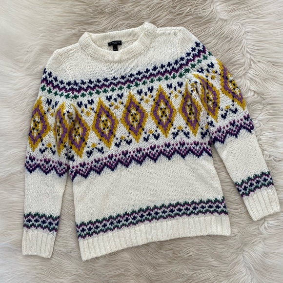 Talbots Cream Purple Fair Isle Wool Mockneck Sweater Petite - Picture 2 of 10